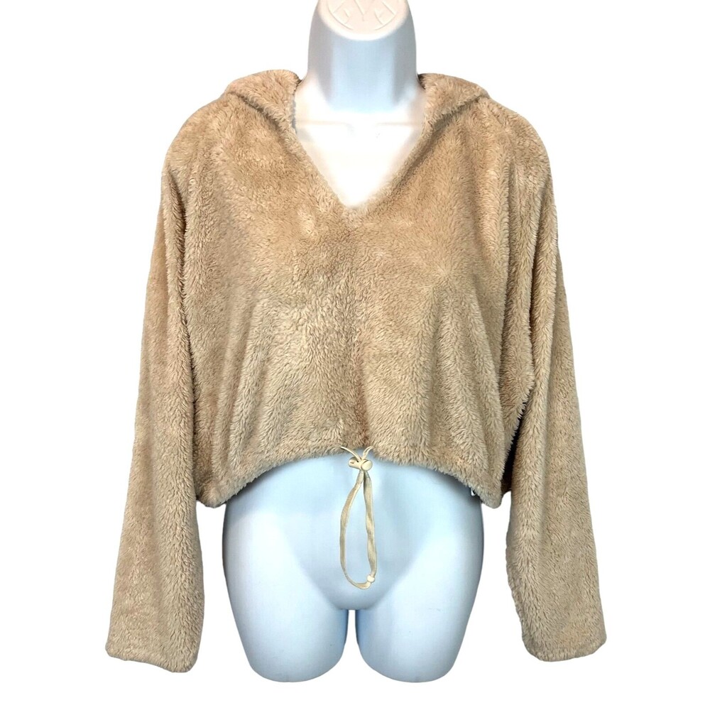 Urban Outfitters Fuzzy Light Tan Faux Fur Pullover Crop Hoodie Popover Size S